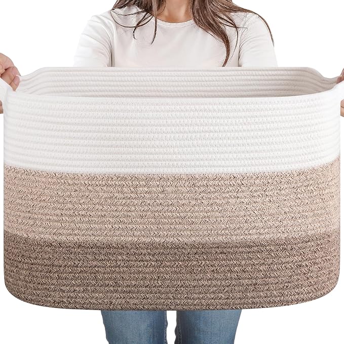 65L Large Storage Basket, Cotton Rope Woven Blanket Basket, Toy Storage for Baby Room, Living Room, Gradient Yellow
