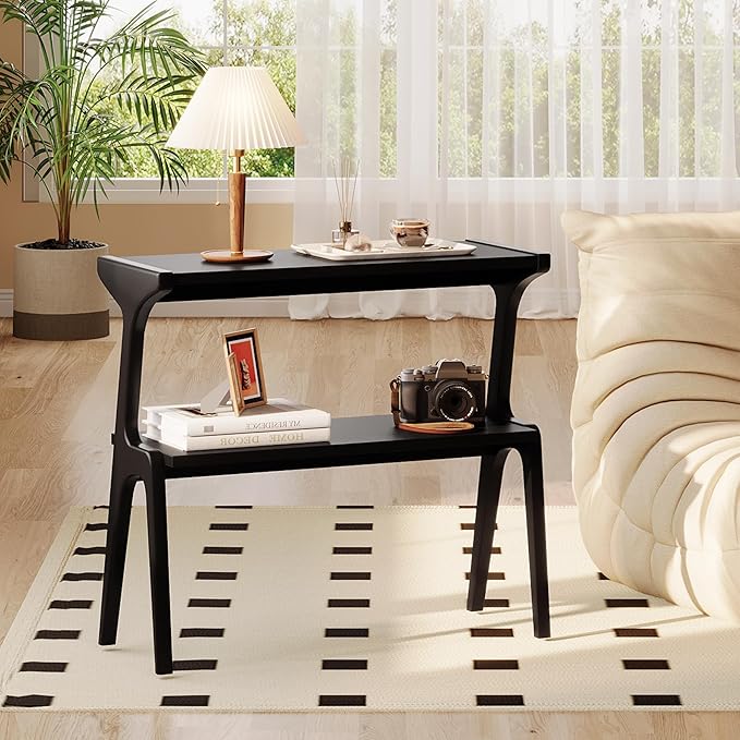 Solid Wood End Table, 2-Tier Side Table with Storage Shelf, Wooden Modern Accent Slim Bedside Table for Sofa, Living Room, Bedroom, Small Space, Easy Assembly, Black