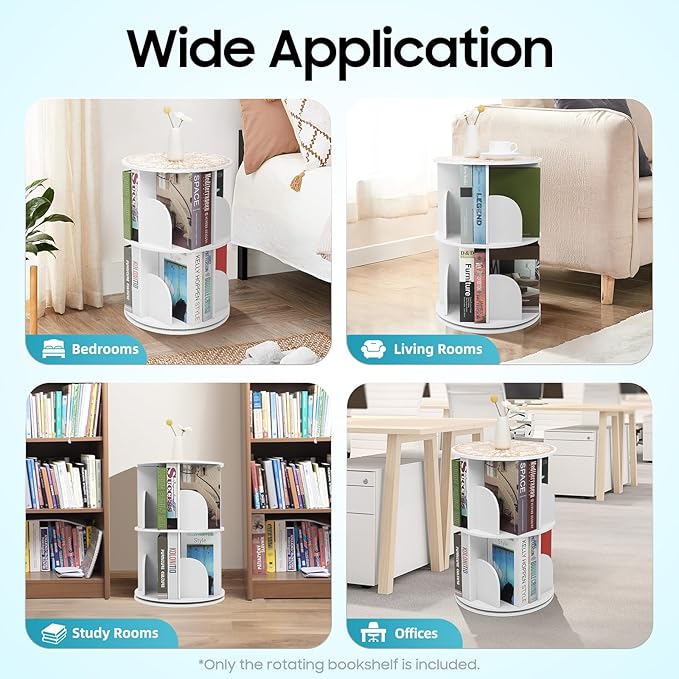 2-Tier Rotating Bookshelf 360° Revolving Bookcase, Floor Standing Bookcase Book Storage Organizer Display Rack, Round Bookshelf with Dividers & Anti-Falling Baffles for Living Room, Study Room