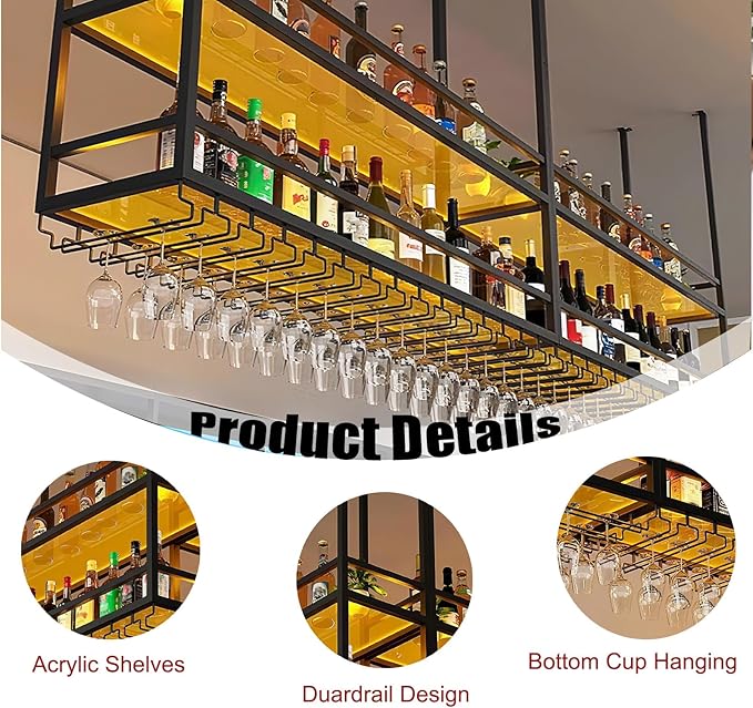59IN Acrylic Ceiling Wine Glass Rack with Transparent Shelves, Hanging Wine Rack with Glass Holder and LED Lights, 2 Layer Ceiling Bottle Holder Shelf for Bar Kitchen Decorate (59in/150cm)