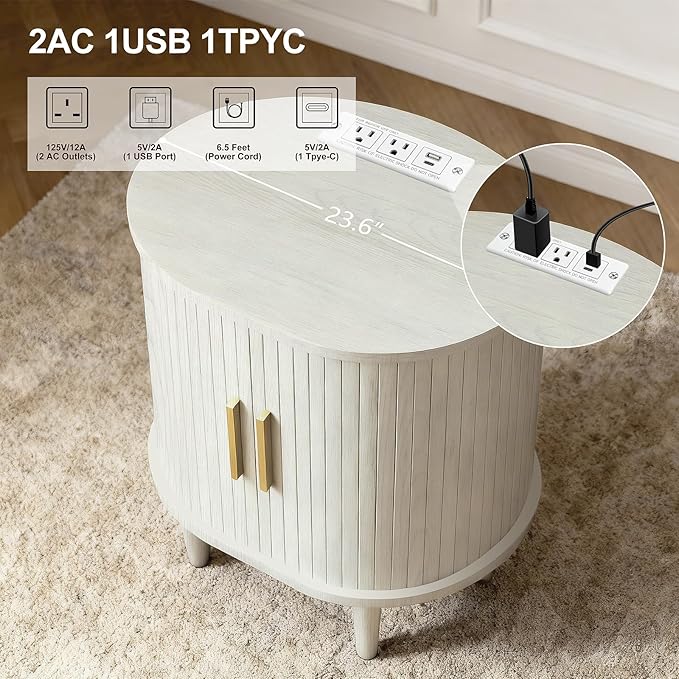 Nightstands Set of 2 & Charging Station, Fluted Accent Side Table with Sliding Door & Adjustable Shelf, Mid-Century Modern End Table for Small Space, Living Room, Bedroom(2, White)