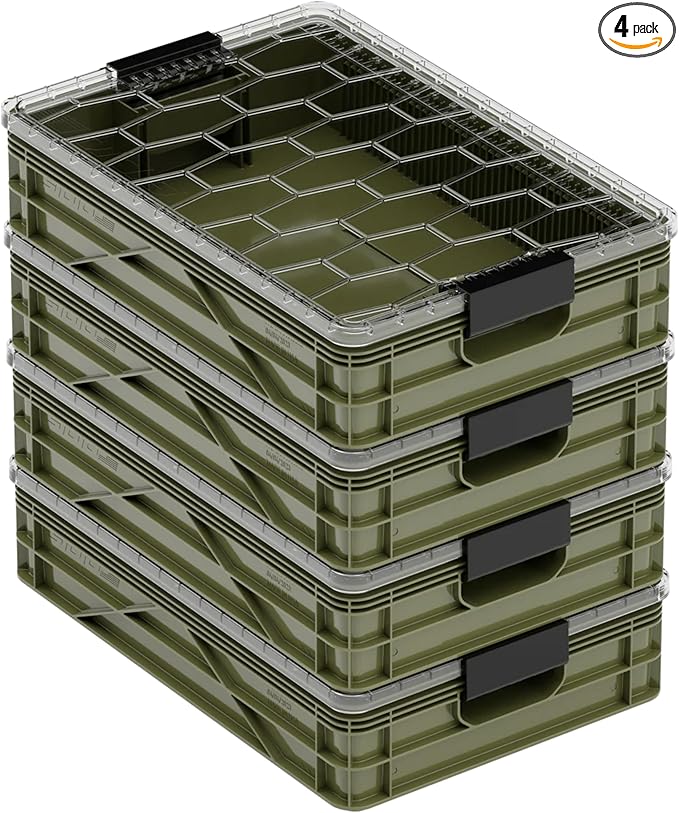 SIDIO Quarter Crate 4 Pack of Stackable Storage Bins - Organizer Bins with Dividers for Garage Organization, Home Storage - Heavy Duty Plastic Containers - 19.16” x 12.75”x 4.57” (Green)