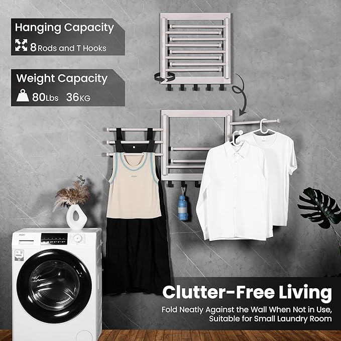 Wall Mounted Drying Rack - Clothes Drying Rack Wall Mounted for Laundry - 20 INCH - with 5 Hooks and 8 arms - 80 lbs Capacity - White Bamboo