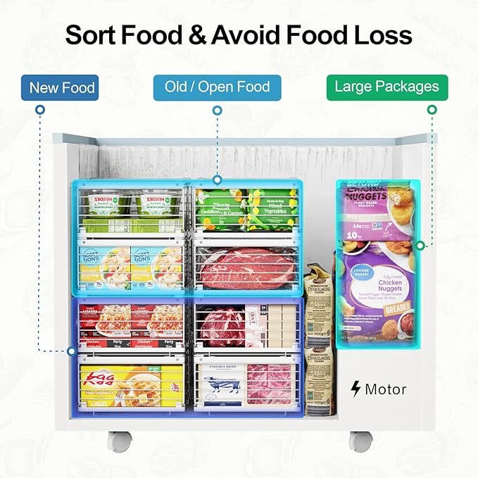 iSPECLE Freezer Organizer Bins - Fit 10 to 20 Cu.FT Deep Freezer, 4 Pack Expandable Stackable Large Chest Freezer Organizer Bins Sort Food, Easily Get Food from Bottom Better Ventilation, White