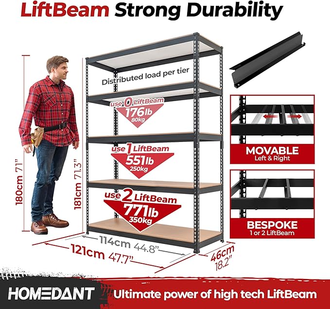 HOMEDANT 5 Tier Storage Shelves Adjustable Laminated Boltless Garage Metal Shelving Unit Heavy Duty Utility Rack Shelf Warehouse Pantry Closet Kitchen (1, (L) 48.1" W, Black)