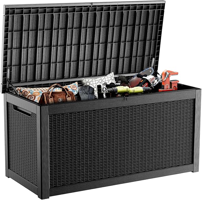 320 Gallon Outdoor Storage Box, Large Outdoor Deck Box,Waterproof & UV Resistant Resin Storage Box Lockable for Patio Cushions, Gardening Tools, Pool Accessories(Black)