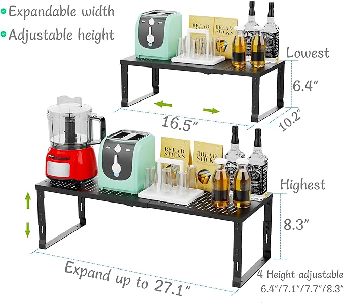 Adjustable Expanable Stackable Spice Rack Shelf Pantry Storage Organizer for Kitchen Cabinet,Countertop,Bathroom and More.Space is no Longer Limited(2Packs/Black/Large)