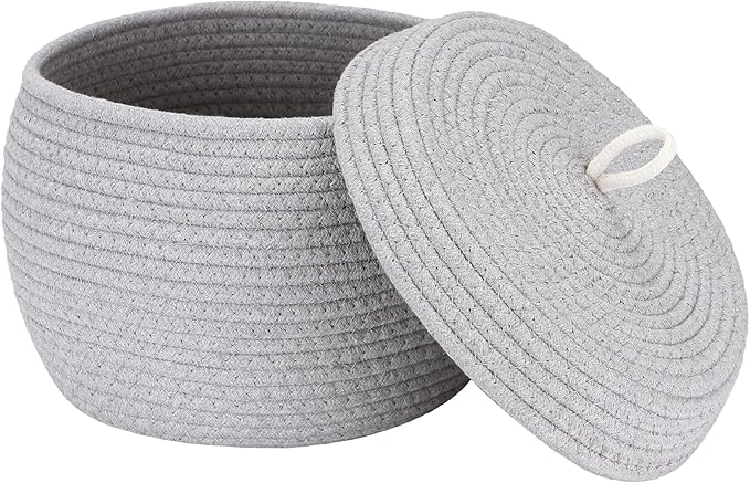 Sea Team Round Cotton Rope Storage Basket with Lid, Decorative Woven Storage Bin, Pot, Caddy, Organizer, Container for Snacks, Towels, Plants, 10 x 7.5 Inches (Small, Grey)