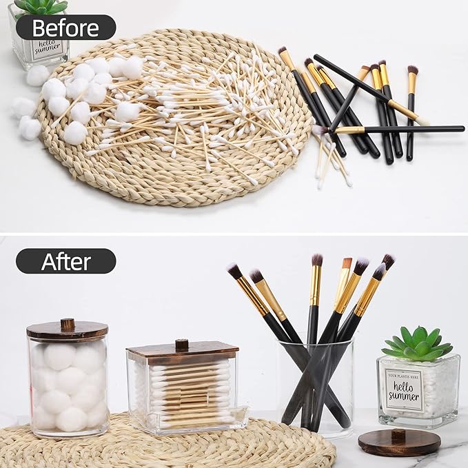 Tbestmax Qtips Holder Bathroom Container, 10 OZ Cotton Ball/Swabs Dispenser, Apothecary Jar Organizer for Storage Brown Wood Lids