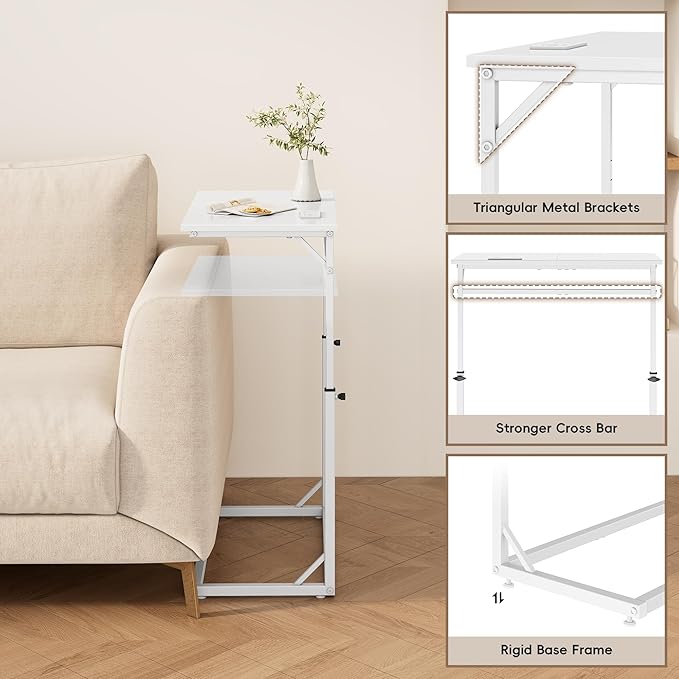 Vagusicc C Shaped End Table with Charging Station, C-Table End Table Adjustable Height Side Table for Couch, Large Couch Table, Slide Under Sofa Table TV Tray Arm Table for Living Room, Bedroom, White