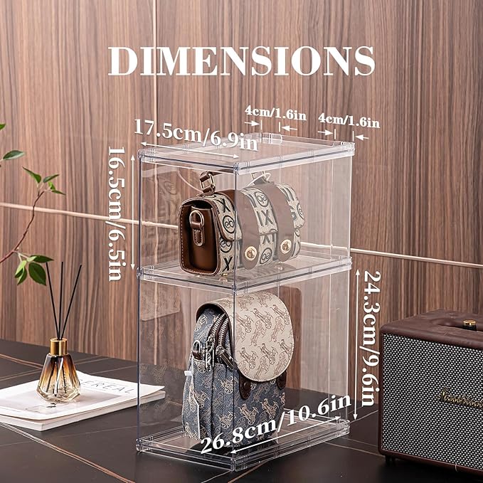 FOCHIER F Bag & Purse Organizer for Closet,2 Pack Stackable Plastic Handbags Storgae Shelf Dividers,Clear Clutch Bag Organizers and Storage for Wardrobe Bathroom Study and Office(1 Large+1 Small)