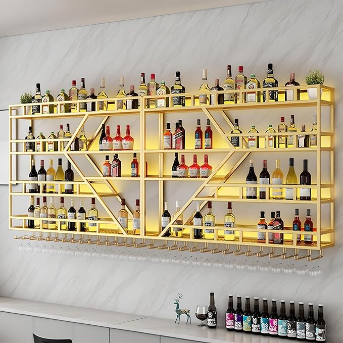 79in Metal Wine Rack Wall Mounted, Modern Wine Storage Rack Wall Mounted with Wine Glass Holder, Liquor Shelf, Bar Shelves for Liquor Bottles (4 Tiers Gold, 79 * 7.87 * 48.5INCH)