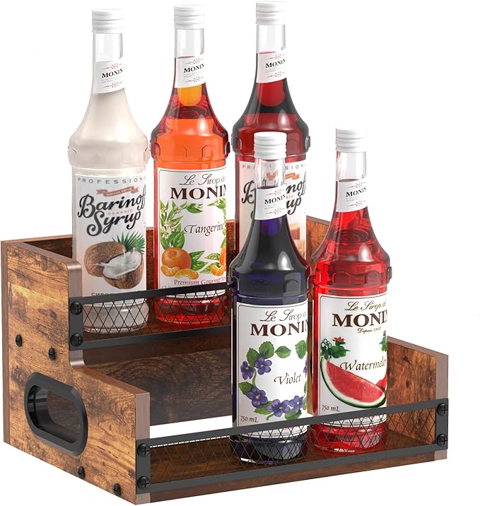 Liquor Bottle Display Shelf, Coffee Syrup Rack Organizer, 2 Step Countertop Liquor Wine Rack, 6 Bottles Coffee Station Organizer with Fences & Handles, Home Retro Bar Shelf Stand for Liquor Whiskey