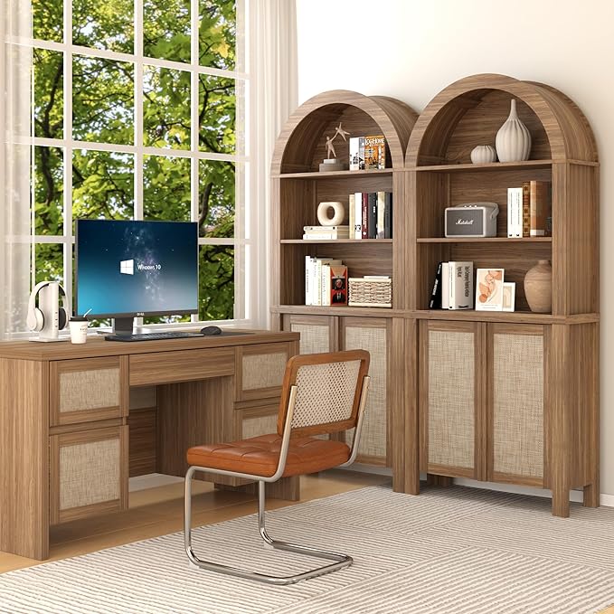 Yechen Arched Bookcase, 70.5" Tall Bookcase with Storage, Mid-Century Modern 5 Tier Bookshelves with Door, Boho Rattan Bookshelf for Living Room Kitchen Office Bedroom Library, Natural Walnut,3 PCS