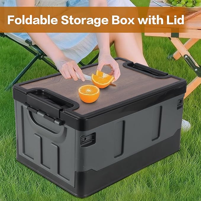 Collapsible Storage Bins with Lids, Portable Foldable Box with 2 Side Doors, Organizing Stackable Storage Cases Large Heavy Duty Utility Crates for Camp Fishing Car RV (Medium-35L)