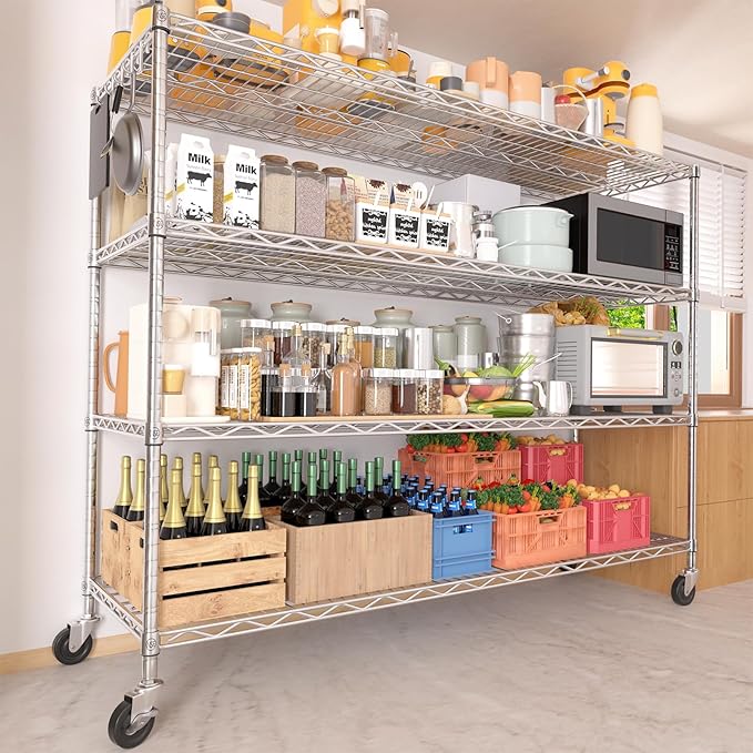 PrimeZone 4 Tier 55.5" Wx24 Dx76 H Wire Shelving with Wheels 2400lbs NSF Certified Storage Shelves Heavy Duty Metal Shelf Adjustable Rolling Rack Commercial Garage Restaurant Warehouse Kitchen Chrome