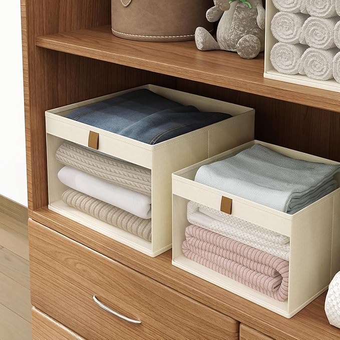 Linen Closet Organizers and Storage, Closet Storage Bins Basket Organizer, Foldable Organization Baskets with Mesh Window for Clothes Towels and Toys, 12.75" x 12.75" x 9", Beige, 2 pack