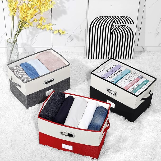 Large Linen Fabric Foldable Storage Bins with Removable Lid and Handles, Washable Storage Box Organizer Containers Baskets Cube with Cover for Bedroom,Office(Black&Cream, Large)