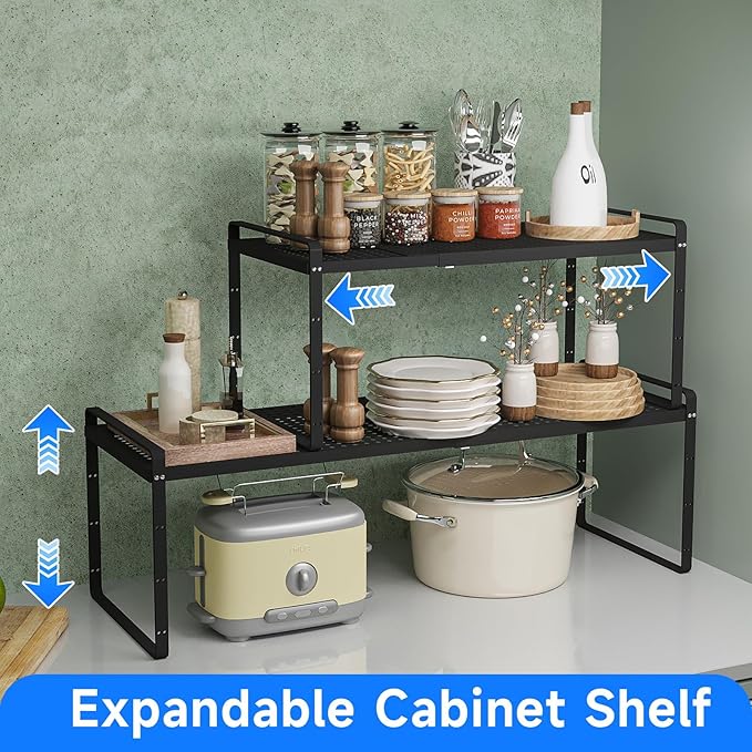 Expandable Cabinet Shelf Organizers, Kitchen Small Stand Rack Organization for Countertop Cupborad Pantry, Black 3 Pack