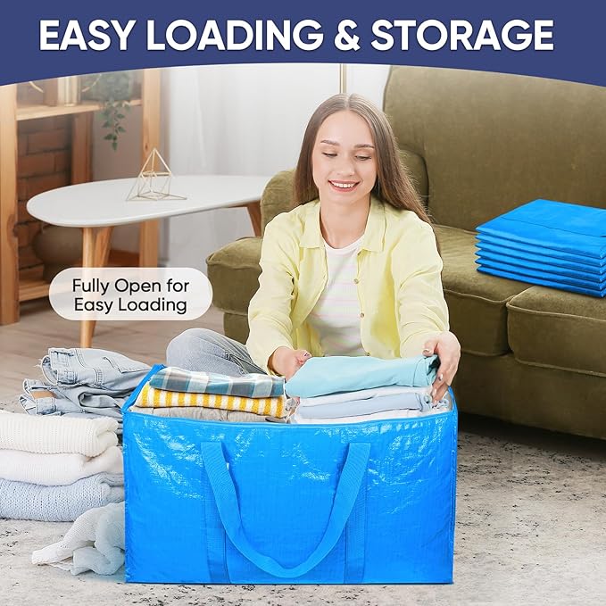 TICONN 4 Pack Extra Large Moving Bags with Zippers & Carrying Handles, Heavy-Duty Storage Tote Moving Boxes for Space Saving (4 Pack, Sky Blue)