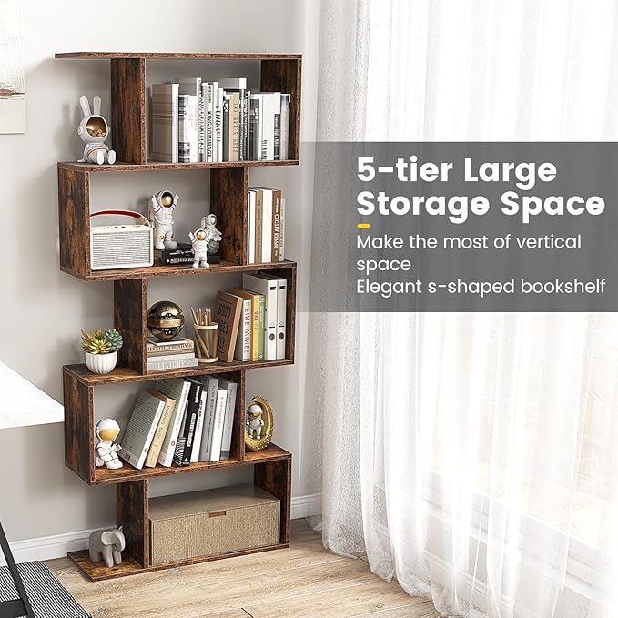 5-Tier Geometric Bookcase Set of 2, 62.5” Freestanding Room Divider Bookshelf with Open Display Shelves & Anti-tip Device, Wood S-Shaped Storage Organizer for Living Room, Bedroom & Home Office