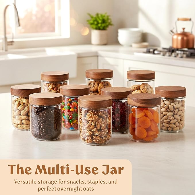 Overnight Oats Containers with Lids Acacia (4 x 16oz) Glass Jars for Oatmeal, Meal Prep, Food Storage | Leak-Proof Mason Jars for Oats, Cereal, Yogurt, Chia Pudding [Thicker Glass 3mm]