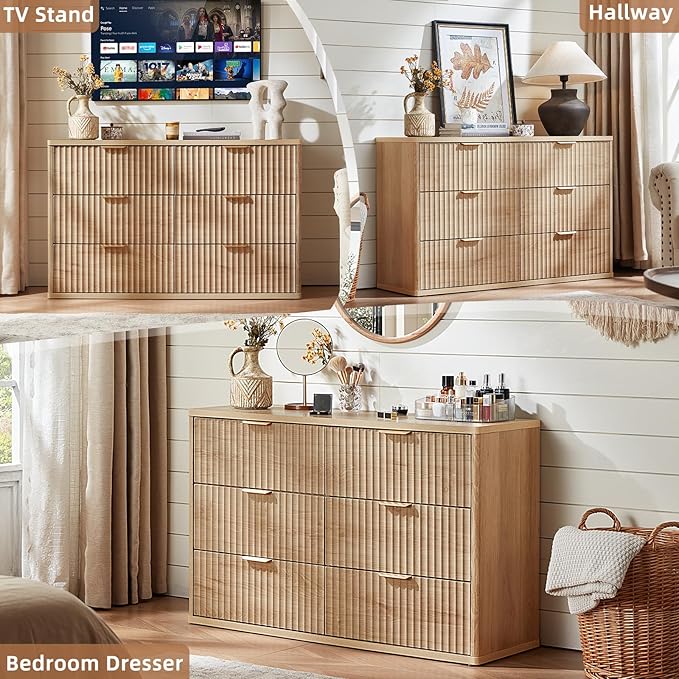 LEYAOYAO Fluted 6 Drawers Dresser Set of 2, 48" Wide Modern Chest of Drawers with Woodgrain Top, Curved Profile Design, Dresser TV Stand, Wooden Drawer Organizer for Bedroom, Living Room, Hallway,Wood