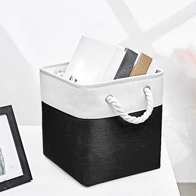 Fabric Storage Cubes, 11 inch cube storage bin with Handles, 11x11cube storage organizer bins, Collapsible Storage Bins for Shelves and Home, Cubby Storage Bins (white-black, 10.5x10.5x11in)