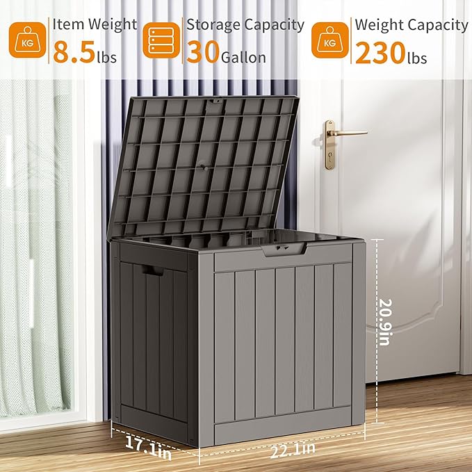 30 Gallon Outdoor Deck Box,Storage Lockable Waterproof Patio Furniture,Garden Tools,Cushions,Pool Accessories Outside Storage Resin Box(Grey)