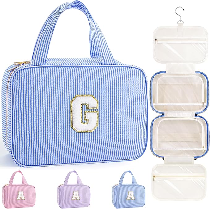 TOPEAST 2025 Graduation Gifts for Her - Hanging Toiletry Bag for Women, Travel Toiletry Bag Makeup Bag, Personalized Travel Essentials for Women - Letter G, Blue