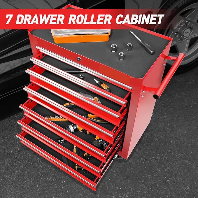 7-Drawer Rolling Tool Chest w/Drawers & Lock, Tool Storage Cabinet with Lockable Wheels, Top Cushion & Drawer Liners, Tool Organizer Box for Garage, Warehouse & Repair Sho