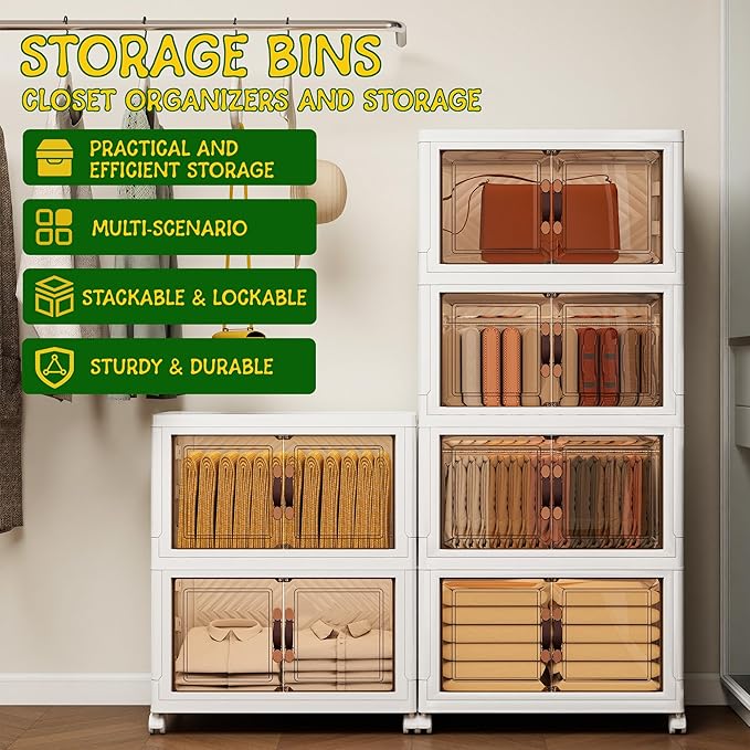 Storage Bins with 2 Lids and Wheels, Collapsible Bathroom Storage Cabinet with Clear Doors, Plastic Stackable Closet Organizers and Storage Containers White 270 QT