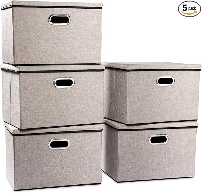 PRANDOM Large Foldable Storage Bins with Lids [5-Pack] linenFabric Decorative Storage Boxes Organizer Containers Baskets Cube with Handles Divider for Bedroom Closet Office Light Grey(17.7x11.8x11.8)
