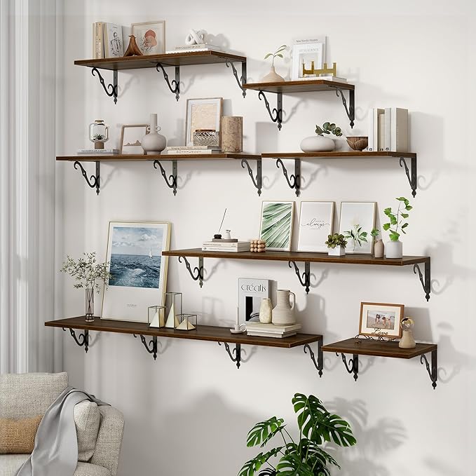 Floating Shelves for Wall, 24"W x 12"D Wall Shelves, 12 Inch Deep Floating Shelf with Bracket, 24 Inch Floating Shelves for Living Room and Bathroom, Display & Storage Shelves, Walnut, Set of 2