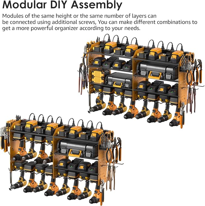 CCCEI Modular Pegboard Rack Power Tool Organizer with Charging Station. 4 Layer Wall Mount Drill Holder, Yellow Tool Battery Charger Organizer. Garage Shop Storage Utility Shelf with 10FT Power Strip