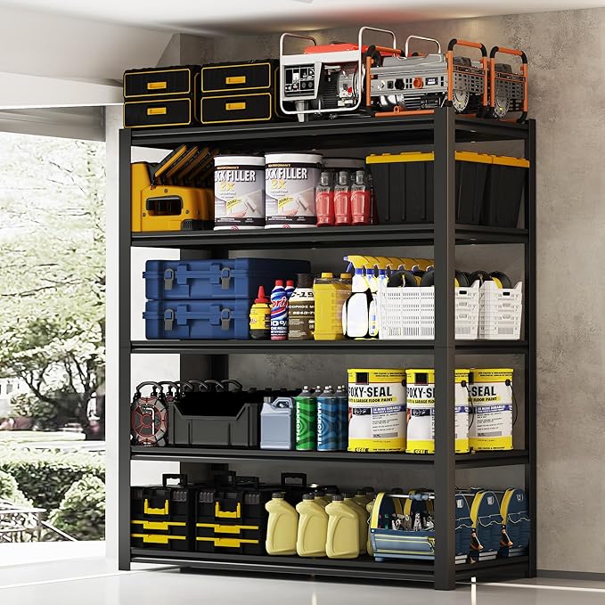 48.2" W Garage Shelving 3000LBS Storage Shelf Heavy Duty Garage Storage Shelves Adjustable 5 Tier Metal Shelves for Storage Industrial Heavy Duty Shelving Unit 24.2" Dx48.2 Wx72.2 H, 4 Pcs