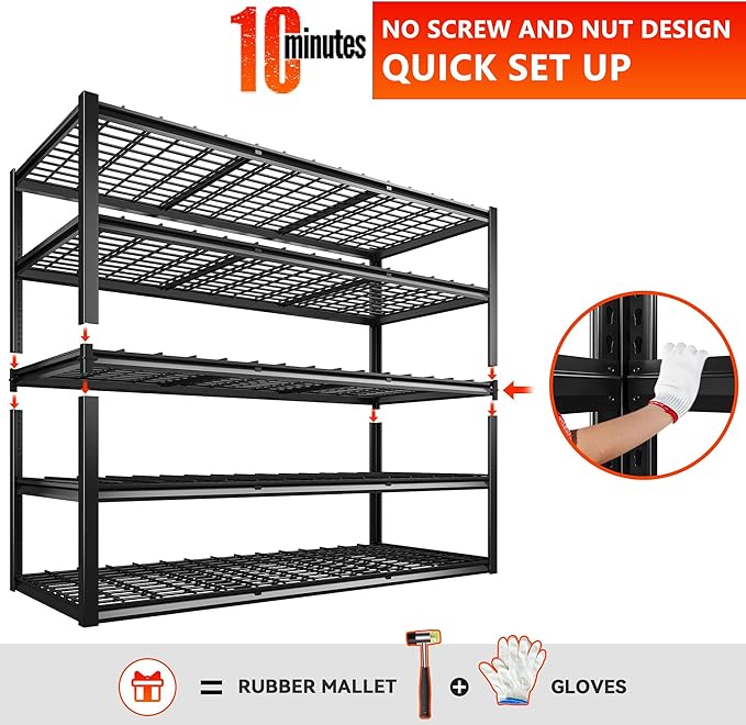 REIBII 60" W Garage Shelving Heavy Duty Metal Shelving 3000LBS Storage Shelves Adjustable Metal Shelves for Industrial 5 Tier Garage Shelves for Basement Pantry Warehouse 60" W x 24" D x 72" H 2 Pack