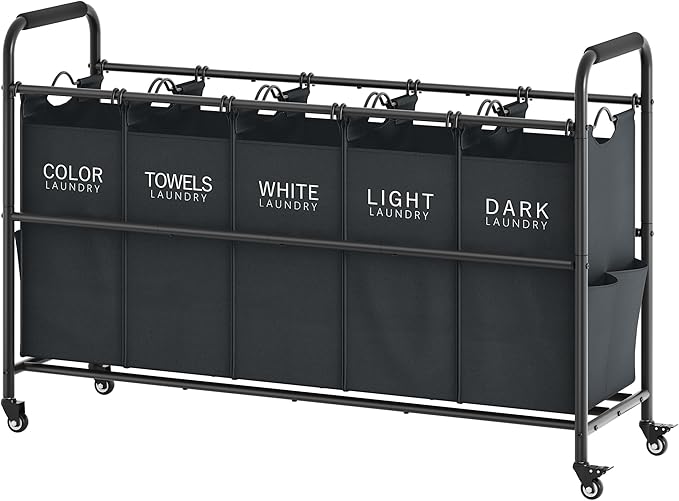 Tajsoon 5 Bag Laundry Sorter Cart, 5 Section Laundry Hamper with Heavy Duty Rolling Lockable Wheels, Laundry Basket Organizer with Removable Bags for Dirty Clothes Storage, Black