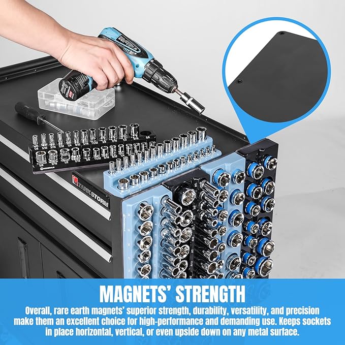 Magnetic Socket Organizer - 6-Piece Tool Storage for SAE & Metric Drive Sockets - Clear Size Markings, Deep Slots, Powerful Magnet - Holds 143 Pieces - (Sockets Not Included)