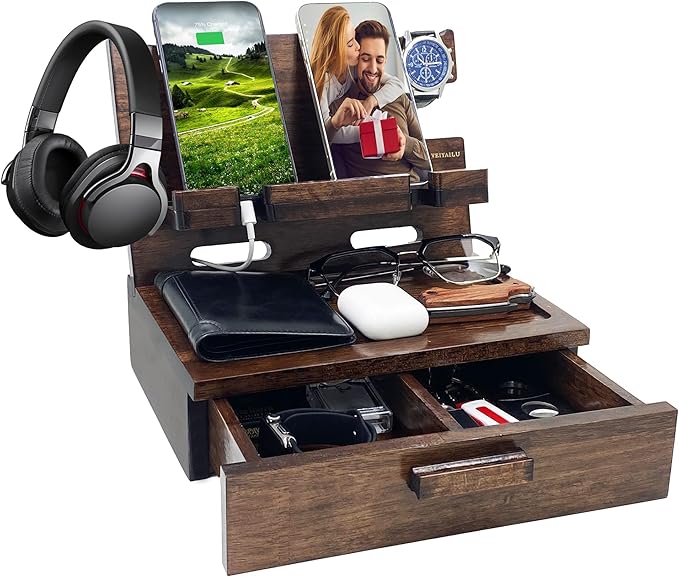 Gifts for Men Women Husband Son Boyfriend Him Nightstand Organizer Wood Phone Docking Station Birthday Gifts (Walnut)