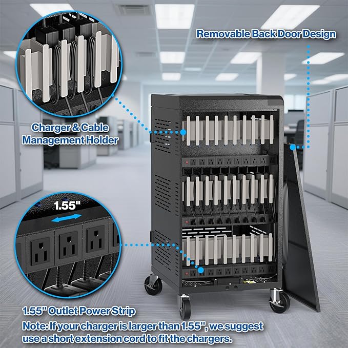 8 Pack | Fully Assembled 30 Bay Multi Device Charging Station for Chromebook,iPad,14'' Laptop,Pre Built Computer Charging Cart with Charger Cable Management,Circuit Breaker,Grounding Protection(Black)