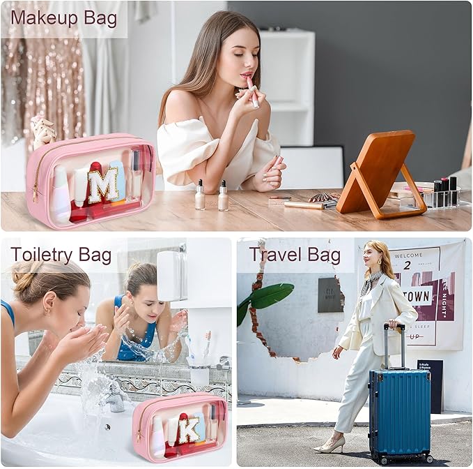 YOOLIFE Travel Toiletry Bag for Women, Pink Clear Makeup Bag Cute Make Up Bag Cosmetic Bags Skin Care Makeup Bag Organizer Birthday Gifts for Women Teacher Mother Girlfriend Initial P