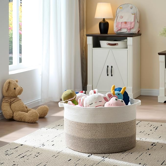 Luxury Little Extra Large Nursery Storage Basket, 22 x 22 x 14 inches - 100% Cotton Rope Baskets with Handles, Blanket Basket for Toys, Blankets & Pillows - Brown & White