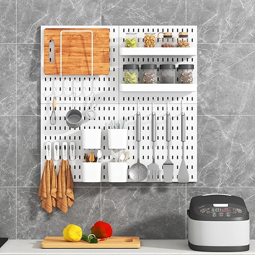 Peg Board Combination Kit, 4 Pegboards with 20 Accessories, Pegboard Wall Organizer for Office, Nursery & Home Storage, Key Holder, 25.6"x25.6" – Nail-Free Installation（White）