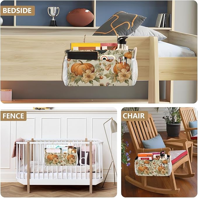 Thanksgiving Turkeys Pumpkin Beige Bedside Caddy for Dorm Bed Bedside Hanging Caddy Bag Iron Frame Storage Organizer Pocket for Bunk Home College Hospital Beds 2 Hooks