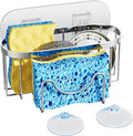 HapiRm Multifunctional Adhesive Kitchen Sink Organizer with M-Shaped, 2 Installation Methods Kitchen Sponge Holder, Rustproof Sponge Caddy for Brush, Sink Stopper and Scraper -Silver