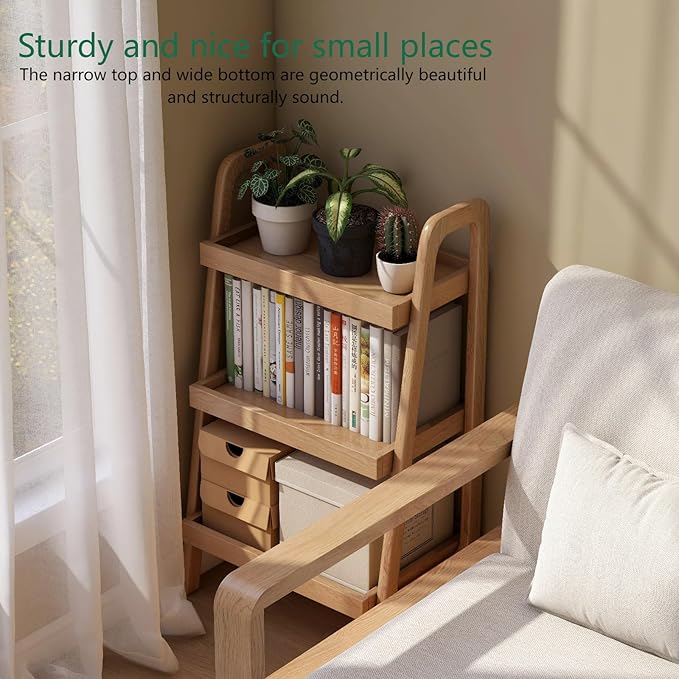 100% Solid Oak 3 Tier Ladder Shelf, Small Bookshelf, Ladder Bookshelf, Bookcase with Stable Frame, Small Table for Living Room Bedroom(Natural, 12.6" L x 17.72" W x 31.5" H)