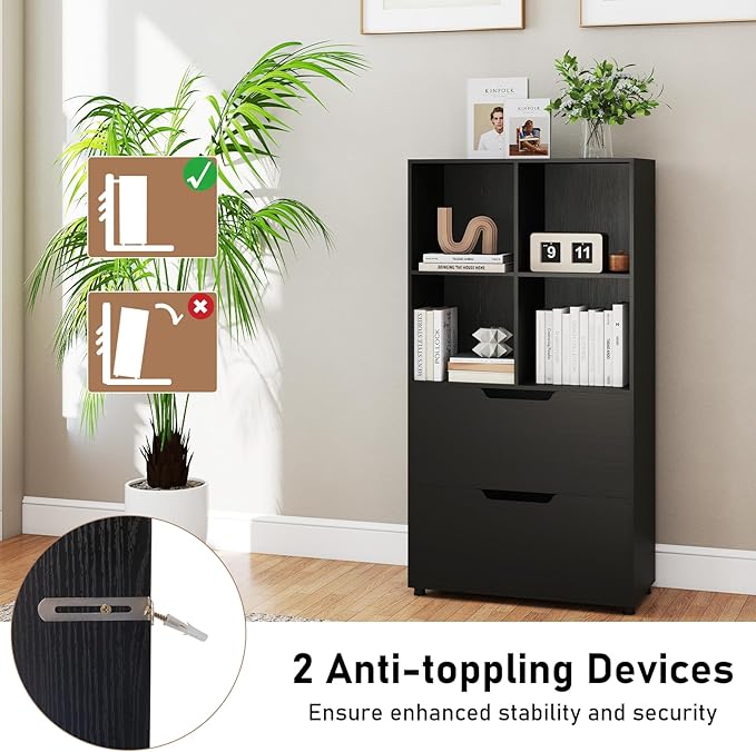 Giantex Bookshelf with 4 Cubes & 2 Drawers, 51” Tall Floor Bookcase with Anti-tip Kits, Freestanding Display Rack Storage Organizer for Study, Living Room, Home Office (Black)