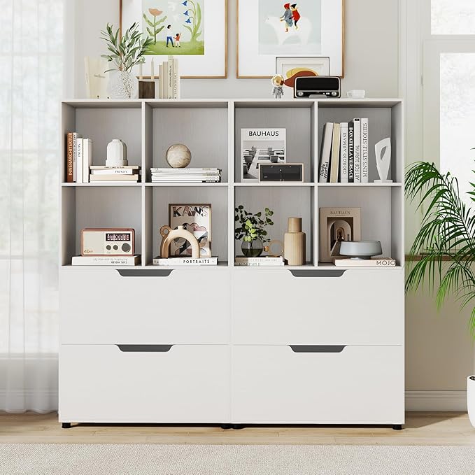 Giantex Bookcase with 2 Drawers, 51” Tall White Bookshelf w/4 Cubes, Anti-tip Kits, Freestanding Display Rack, Cubby Storage Organizer for Study, Living Room, Home Office