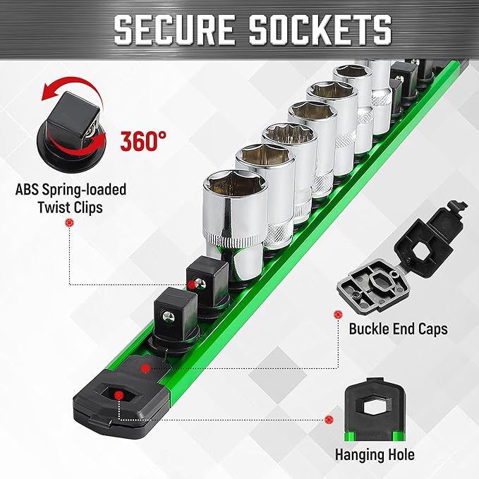 ALOANES 3/8-Inch Drive Magnetic Socket Organizer, Heavy Duty Aluminum Rail Organizer, 360 Swivel Clips Socket Holder Kit for Tool Box, 14 Clips (Green)